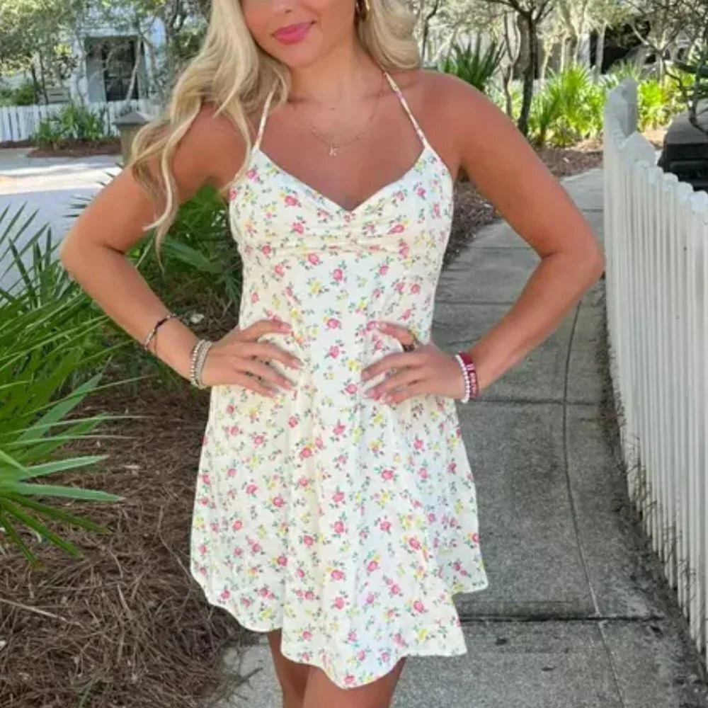 Zara Ditsy Floral Open Back Mini Slip Dress Yellow Pink Rose NWOT Size Large